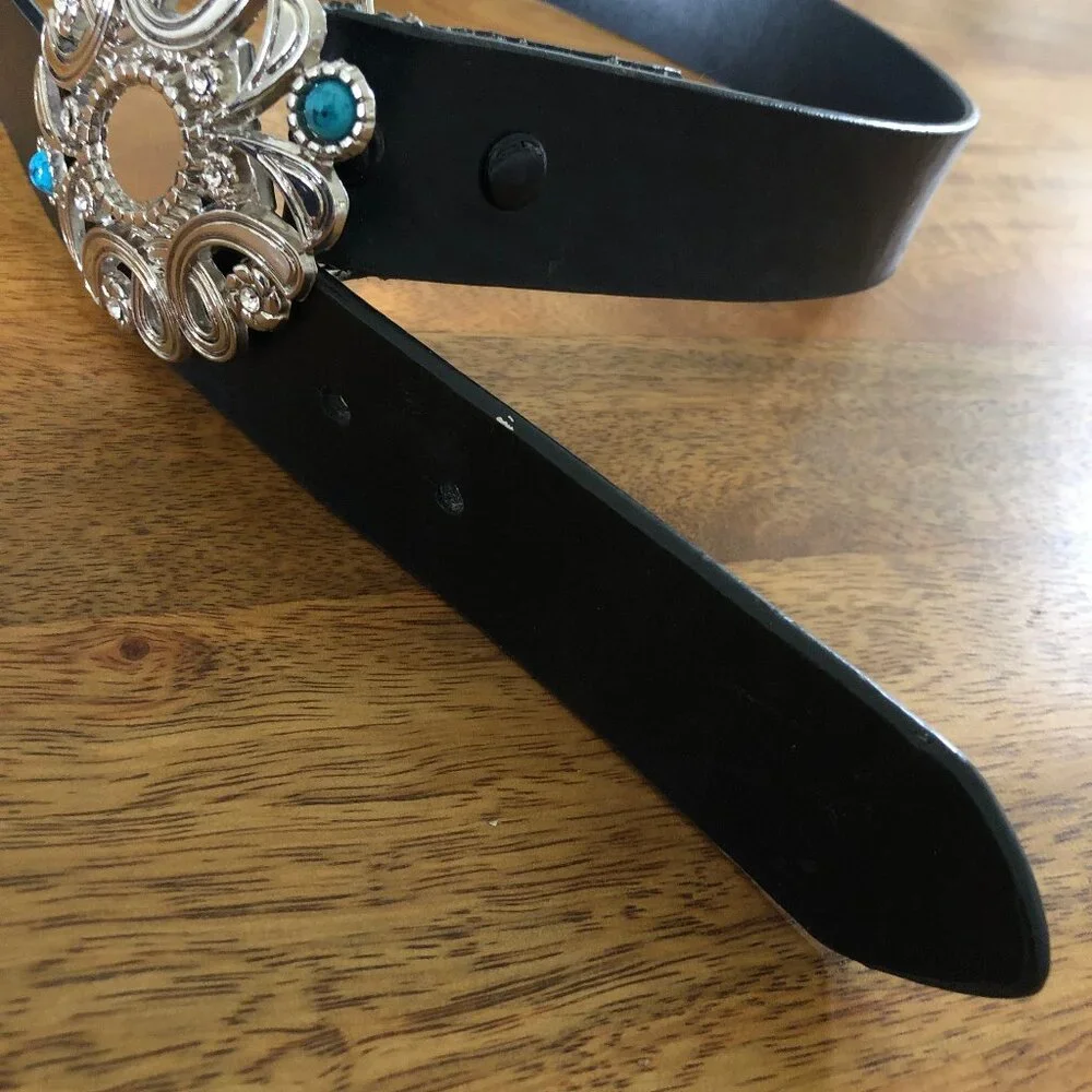 Black Leather Belt with Large Silver Buckle: Rhinestone and Turquoise, Small